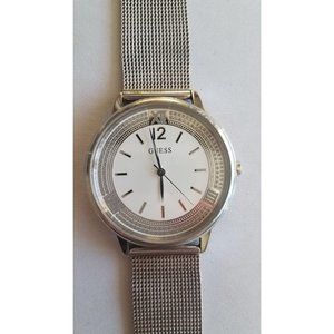 GUESS Analog Watch, Silver-Tone Mesh, Running, Scratched crystal needs replacing